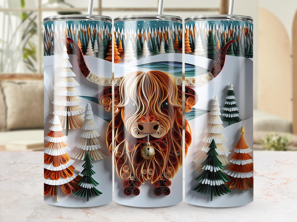 Highland Cow Tumbler Wrap: Winter Forest Quilling Art (Digital Download, 20oz PNGs)