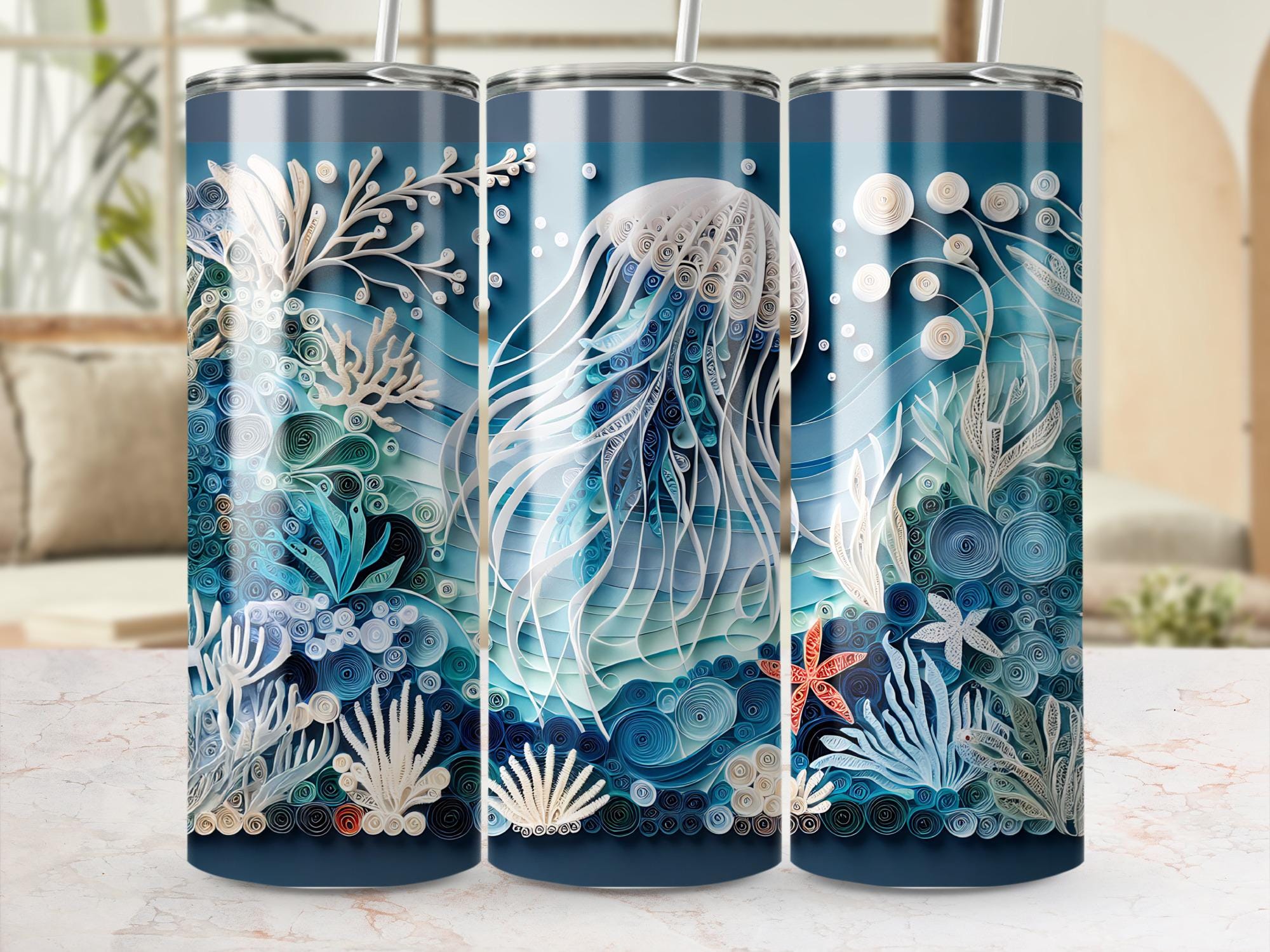 Jellyfish Tumbler Wrap: Quilled Paper Ocean Design (PNG Digital Download 20oz Tumbler)