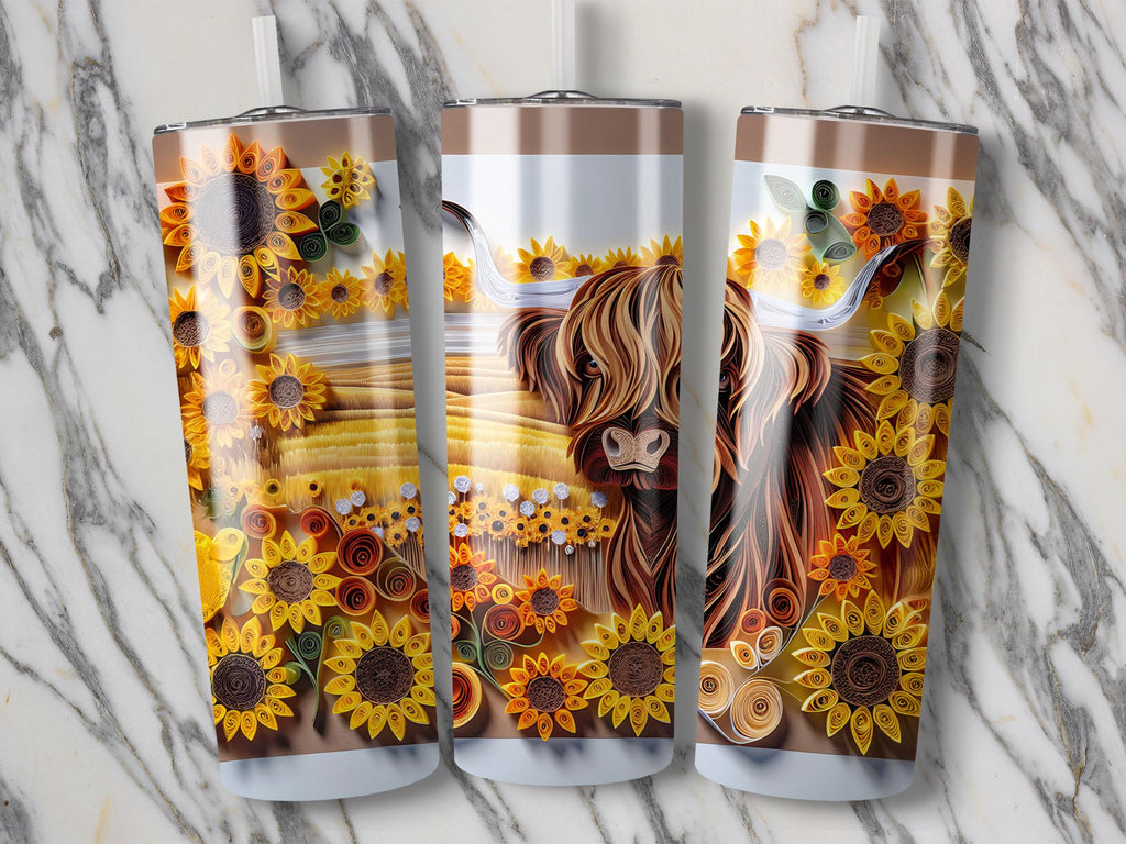 Highland Cow Tumbler Wrap: Sunflower Floral PNG (Digital Download 20oz Tumbler Design)