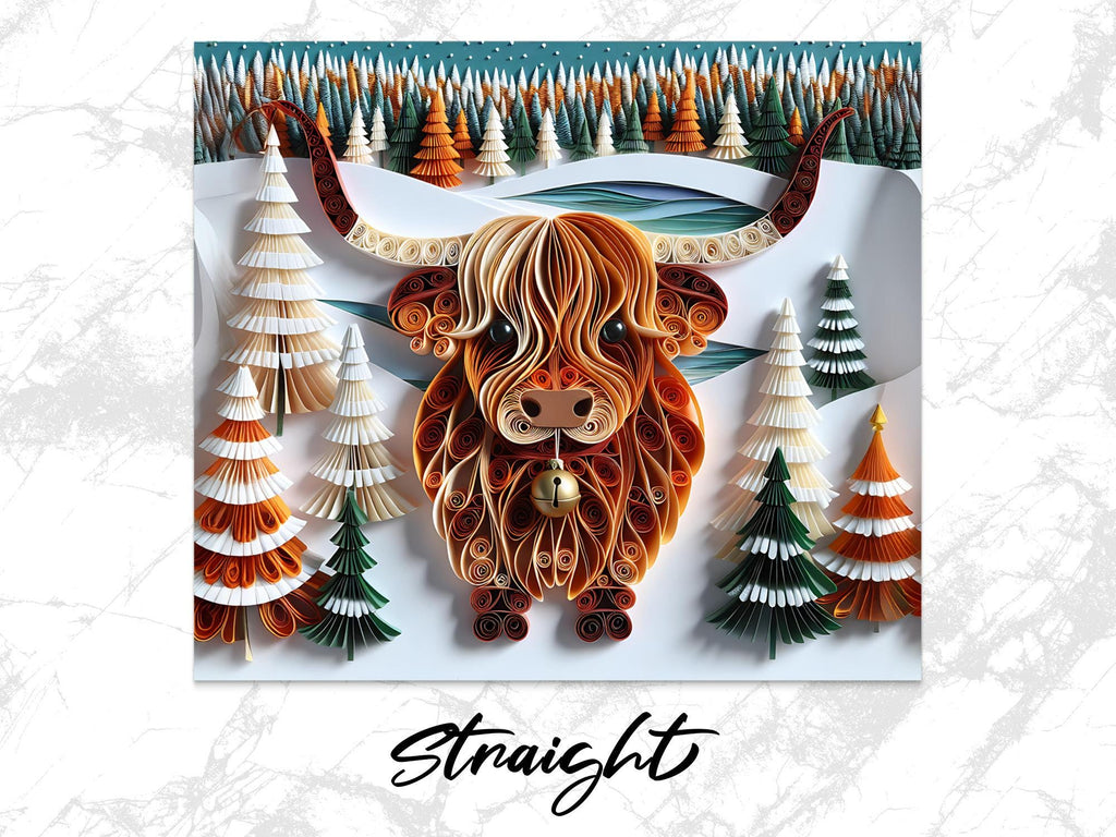 Highland Cow Tumbler Wrap: Winter Forest Quilling Art (Digital Download, 20oz PNGs)