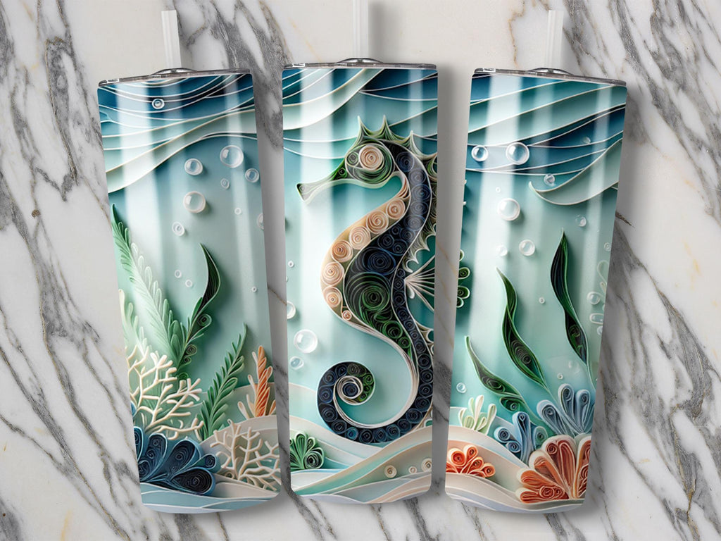 Seahorse Tumbler Wrap, 20oz Skinny Tumbler PNG, Paper Quilling, Ocean life Sublimation Designs, Sea Life Tumbler Wrap, Download