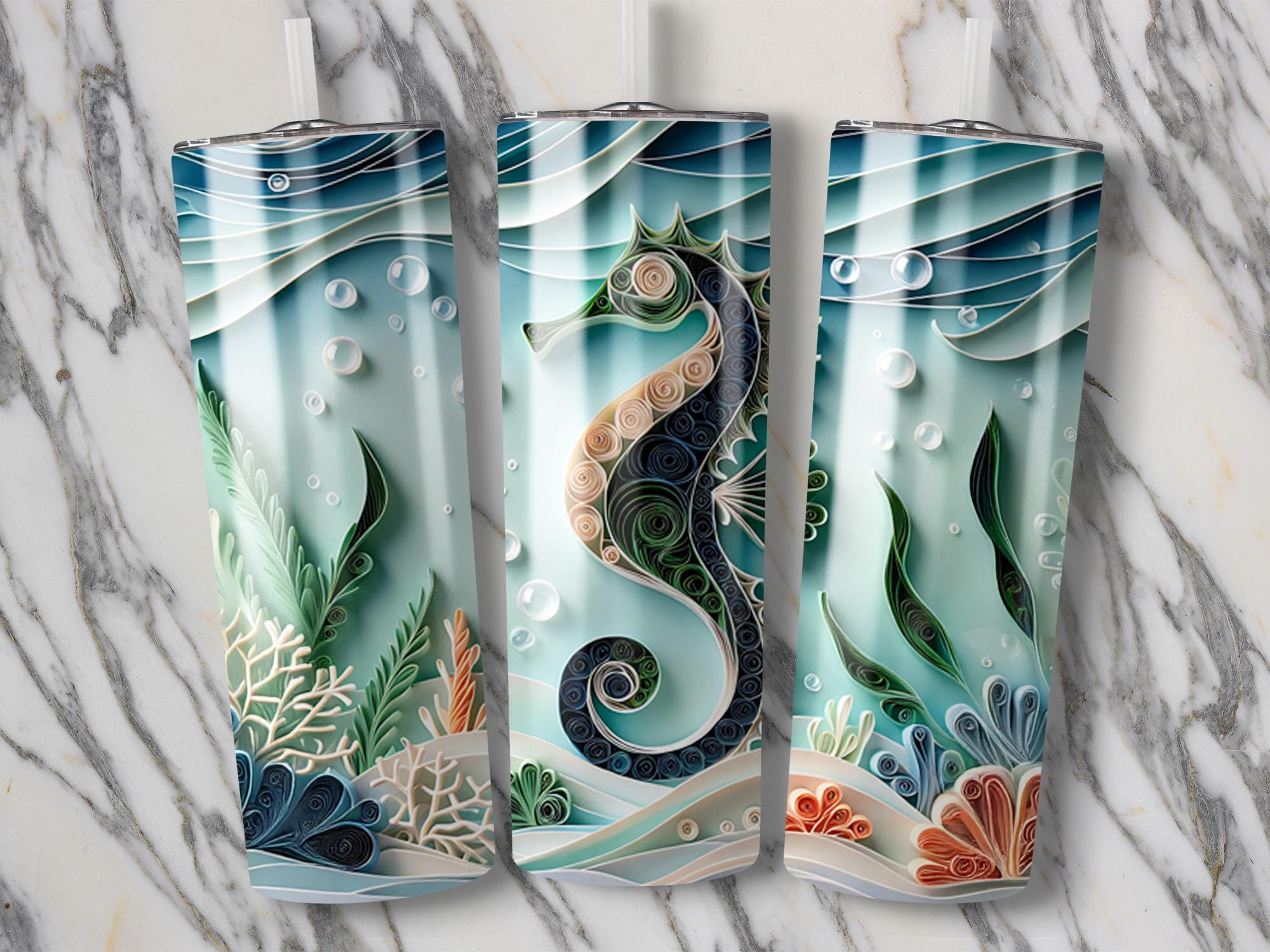 Seahorse Tumbler Wrap, 20oz Skinny Tumbler PNG, Paper Quilling, Ocean life Sublimation Designs, Sea Life Tumbler Wrap, Download