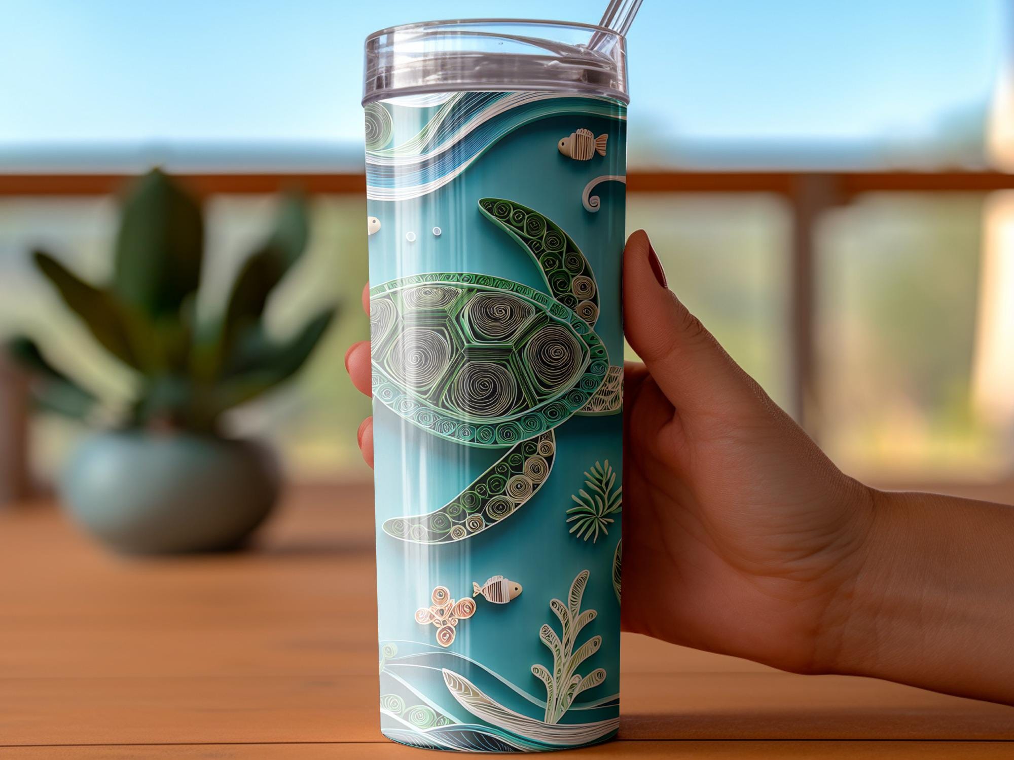 Sea Turtle Tumbler Wrap: Paper Quilling Ocean Design (Digital Download)
