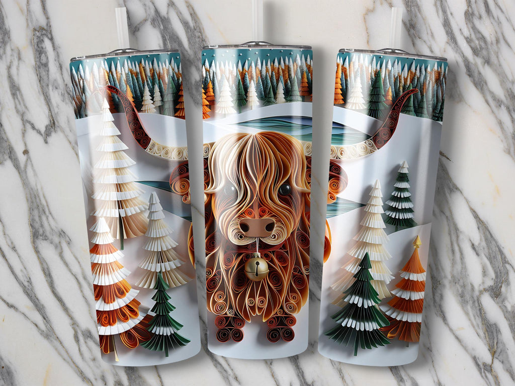 Highland Cow Tumbler Wrap: Winter Forest Quilling Art (Digital Download, 20oz PNGs)