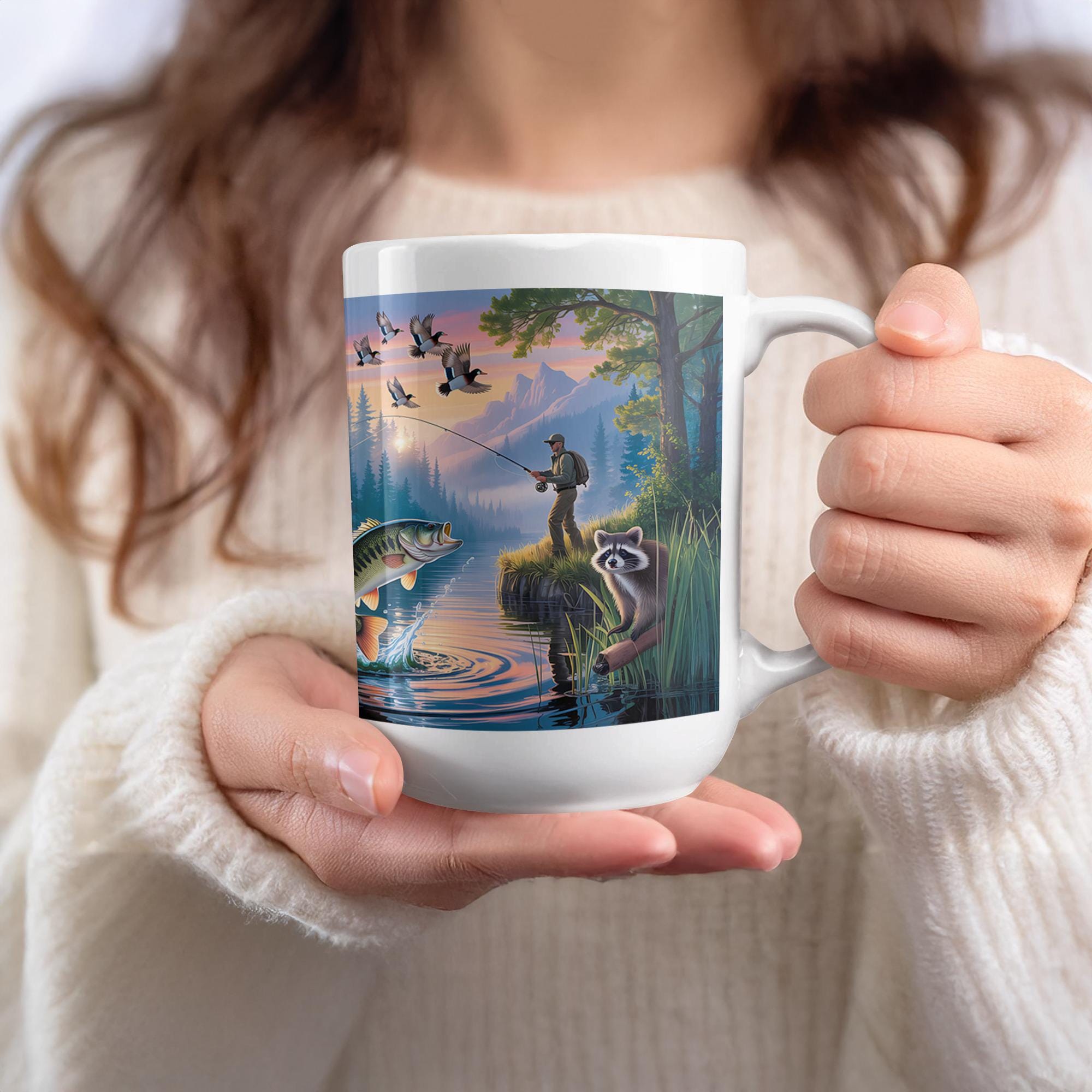Bass Fishing Mug Wrap: Lake Scene Sublimation Design (Digital Download, 15oz PNG)