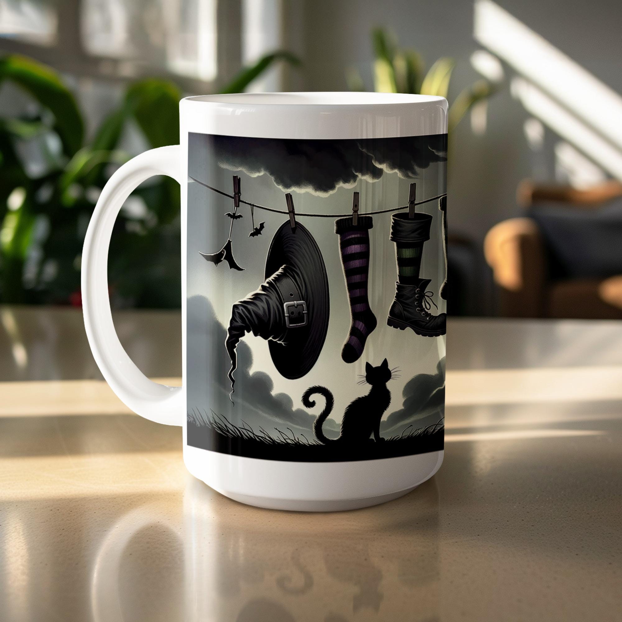 Witch Hat Halloween Mug Wrap: Cat & Boots Design (Digital Download, 15oz Mug PNG File)