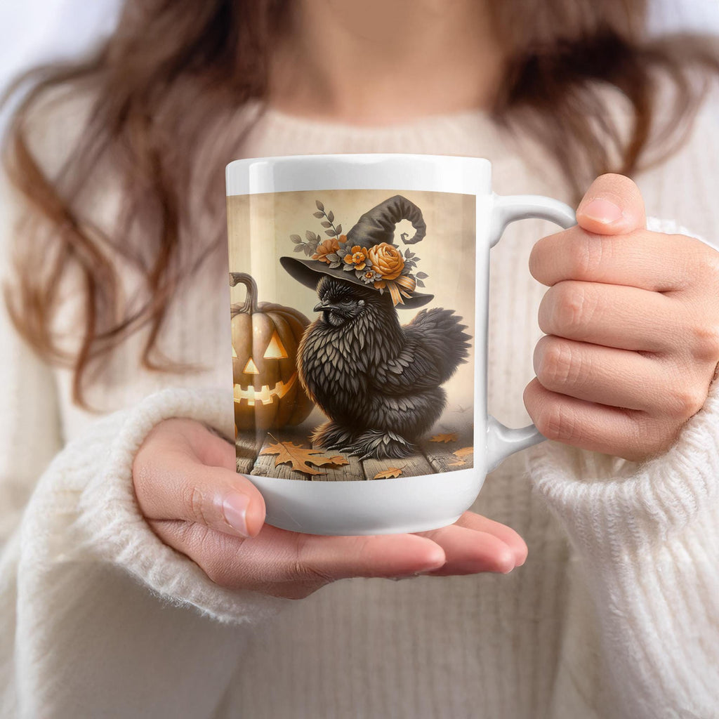Halloween Chicken Mug Wrap: Silkie Witch, Pumpkin Design (Digital Download, 15oz Mug PNG File)
