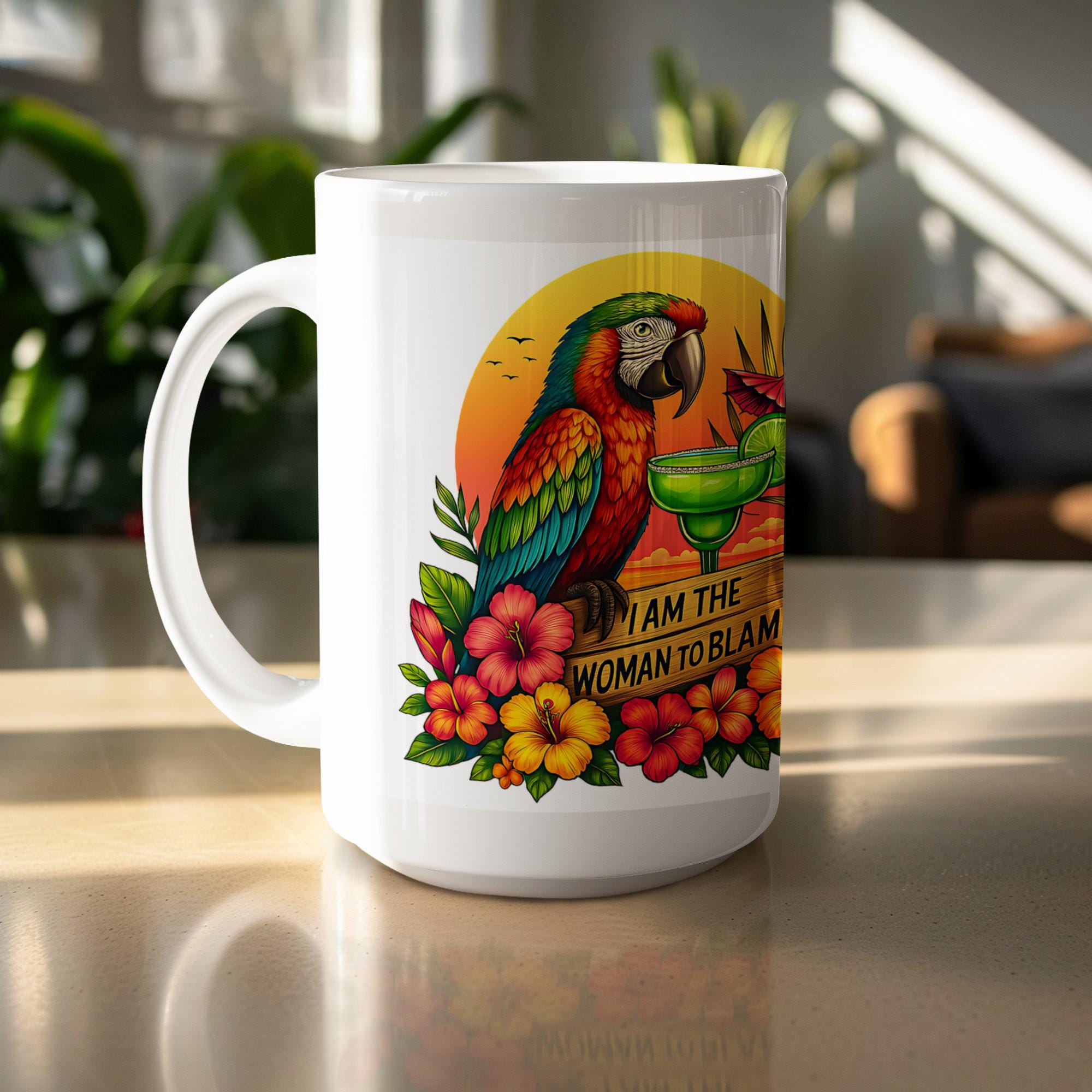 Parrot Mug Wrap: Tropical Hibiscus Margarita Design (Digital Download, 15oz Mug PNG File)