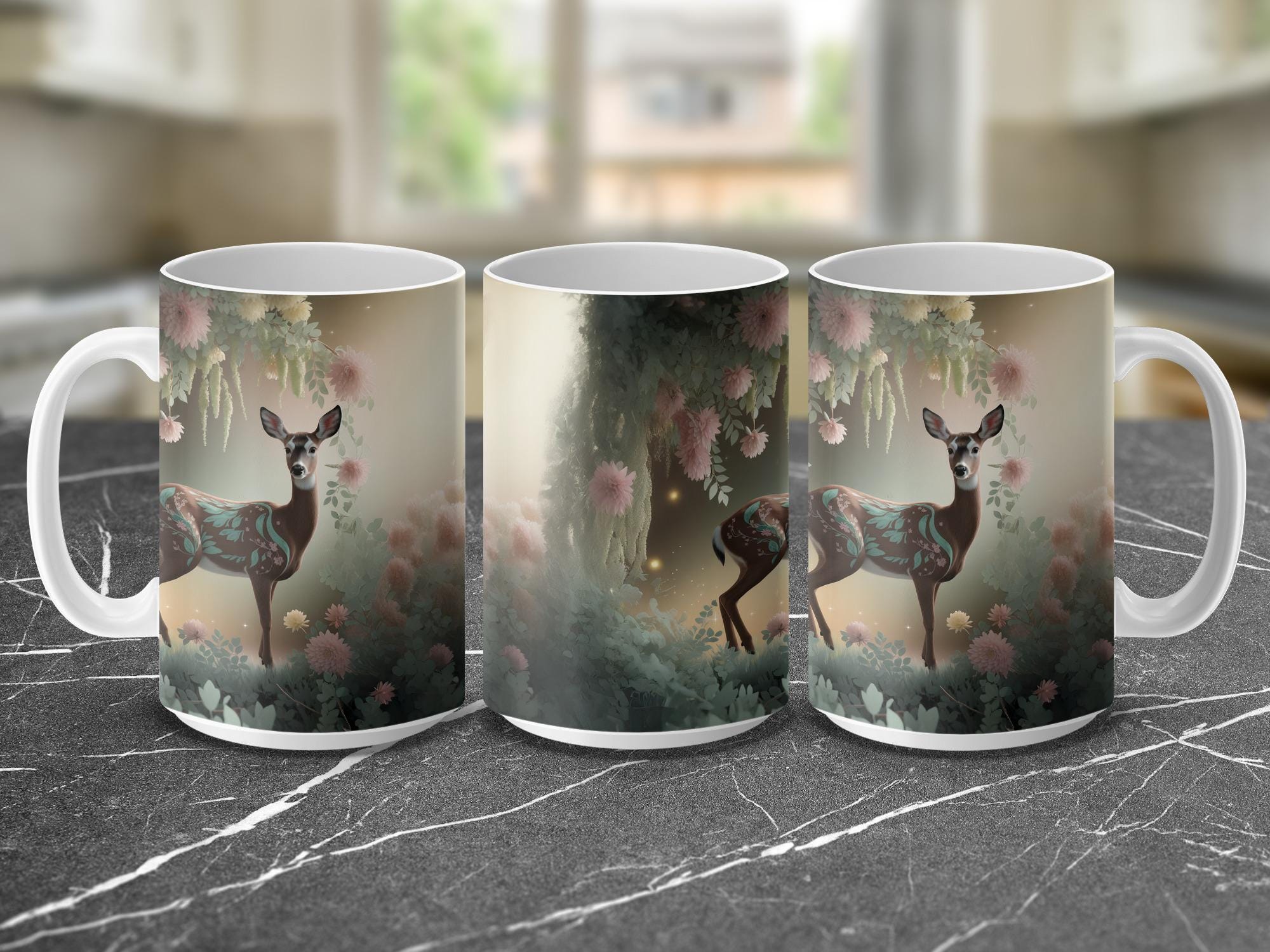 Floral Deer Mug Wrap: 15oz Sublimation Design (Digital Download)