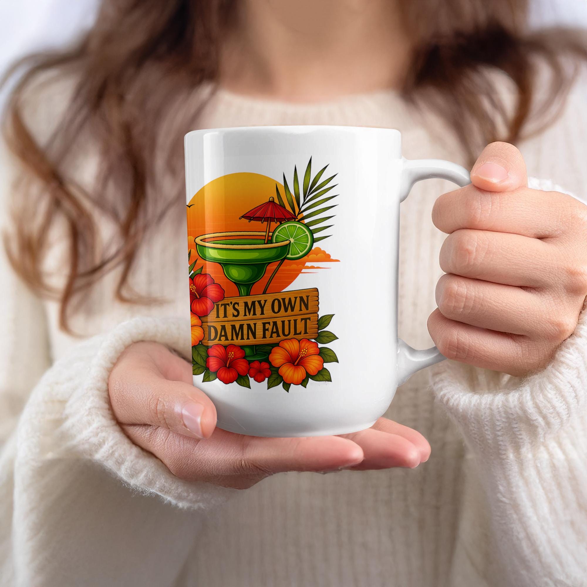 Parrot Mug Wrap: Tropical Hibiscus Margarita Design (Digital Download, 15oz Mug PNG File)