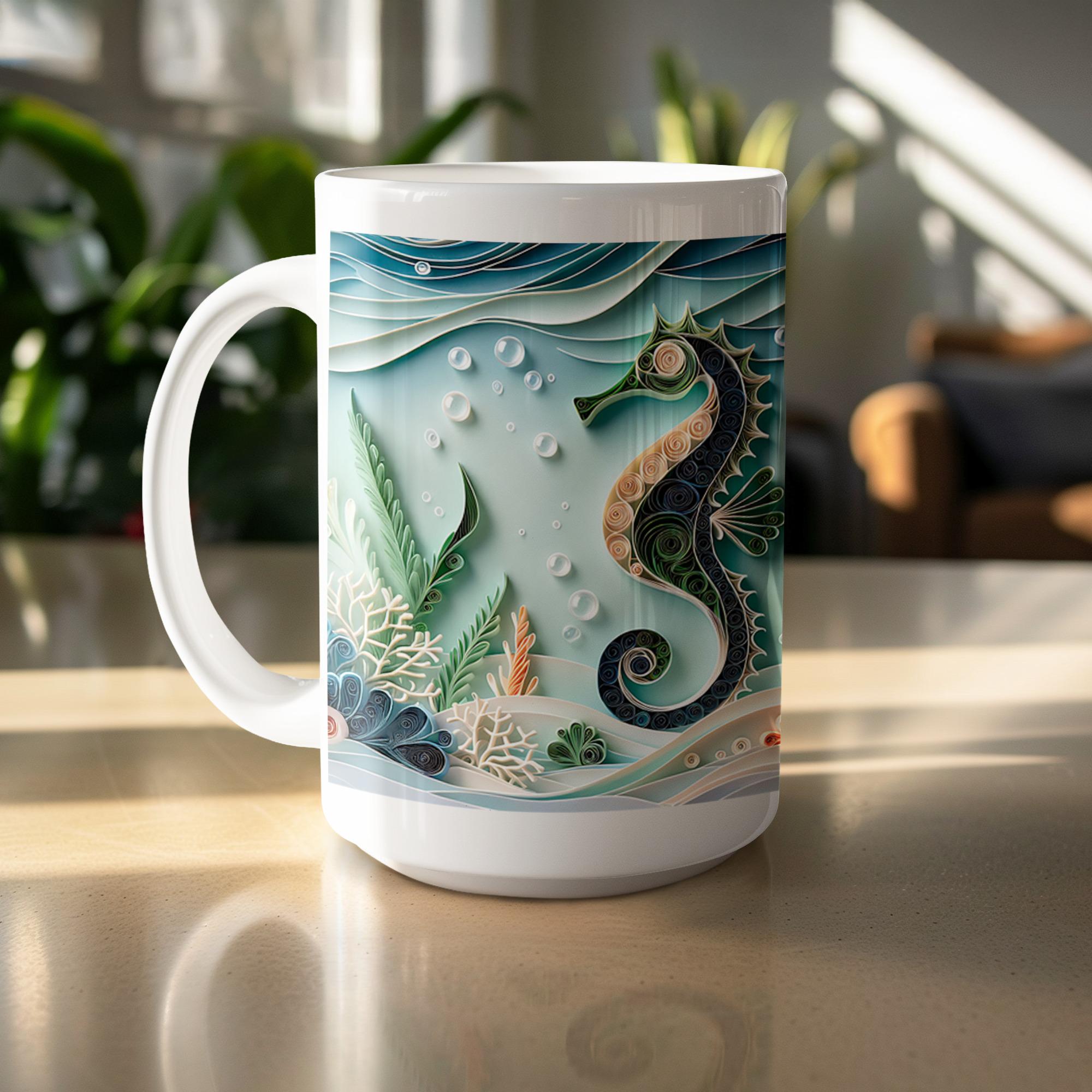Seahorse Mug Wrap, 15oz Under the Sea Mug, Ocean Sublimation Designs, Paper Quilling art, Seahorse Ocean Wrap, Digital Download