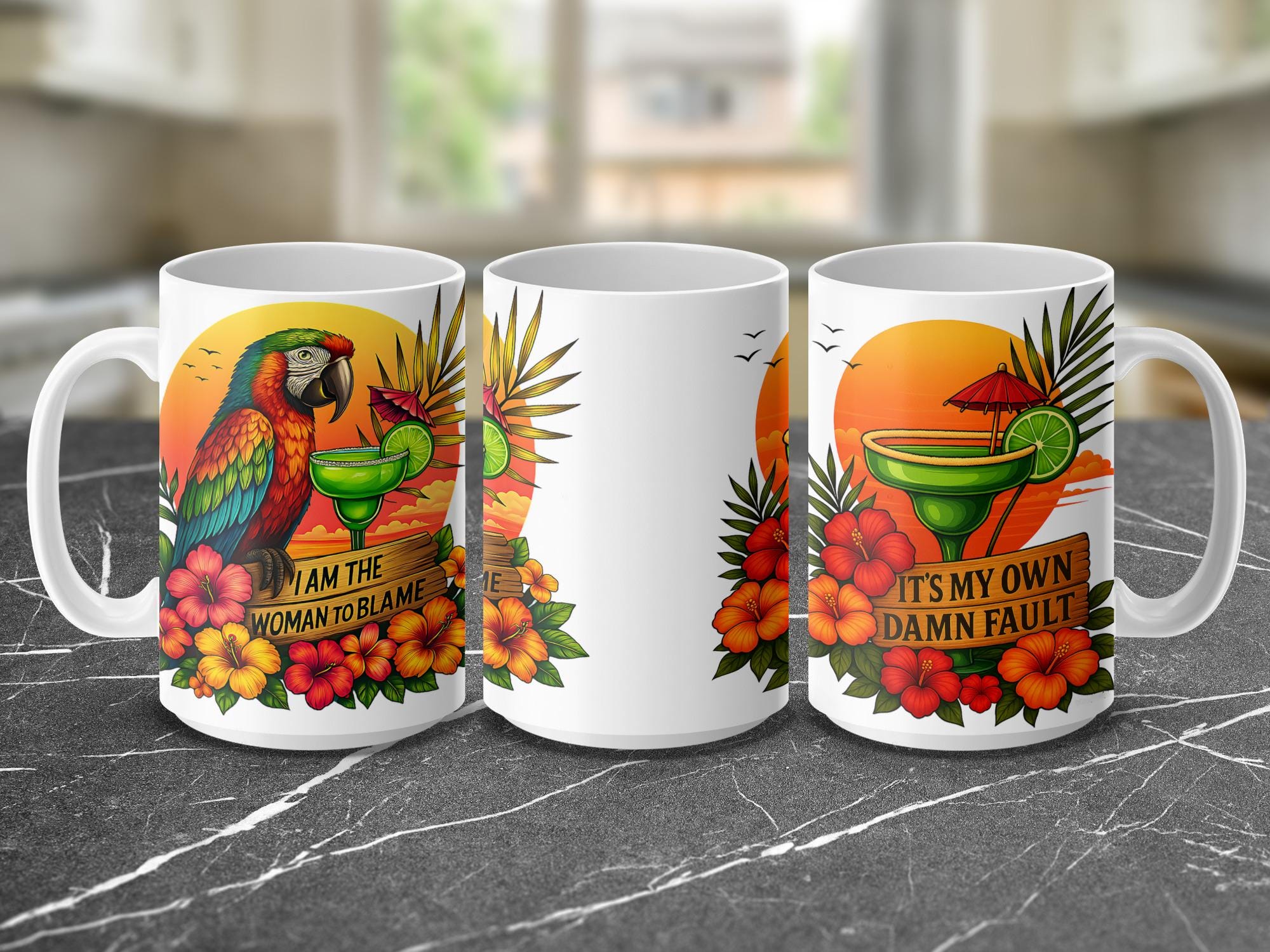 Parrot Mug Wrap: Tropical Hibiscus Margarita Design (Digital Download, 15oz Mug PNG File)