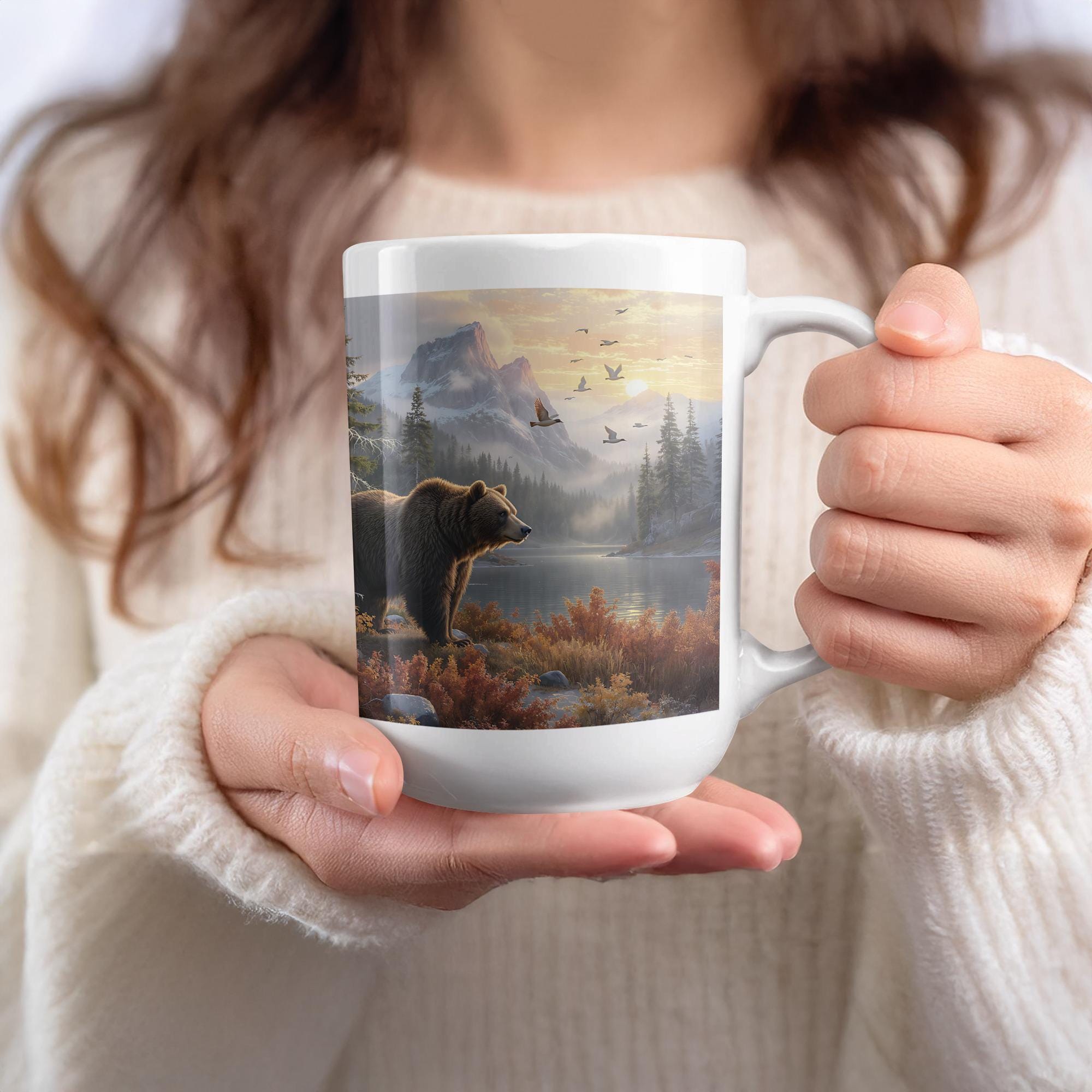 Brown Bear Mug Wrap: Mountain Lake 15oz Mug Sublimation Design (Digital Download)