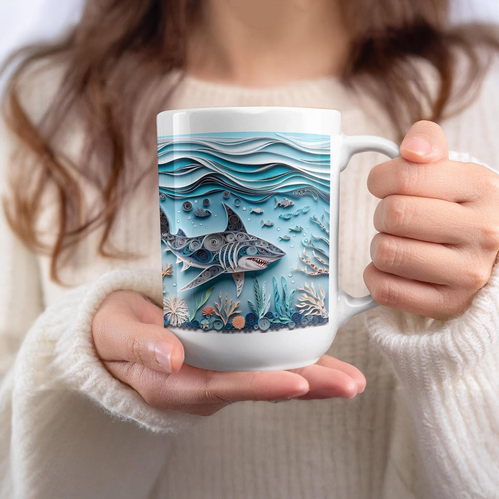 Shark Mug Wrap: Paper Quilling Ocean Design (Digital Download, 15oz Mug PNG)