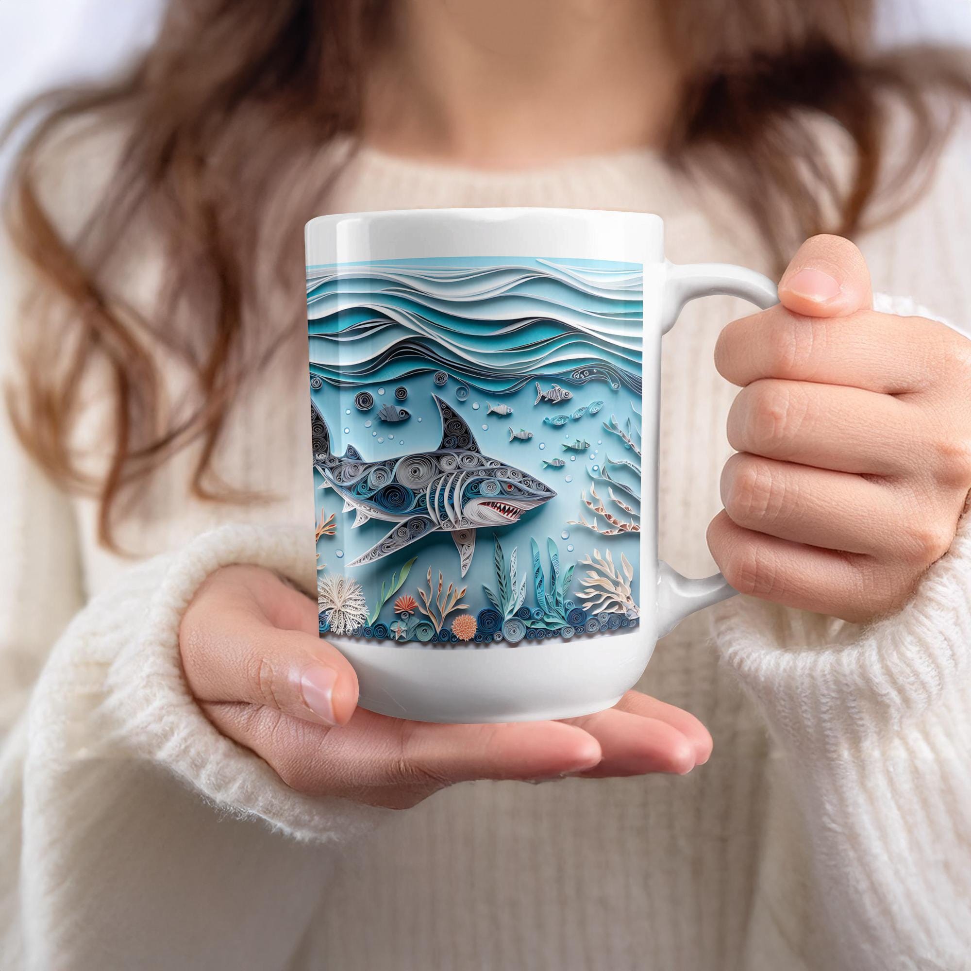 Shark Mug Wrap: Paper Quilling Ocean Design (Digital Download, 15oz Mug PNG)