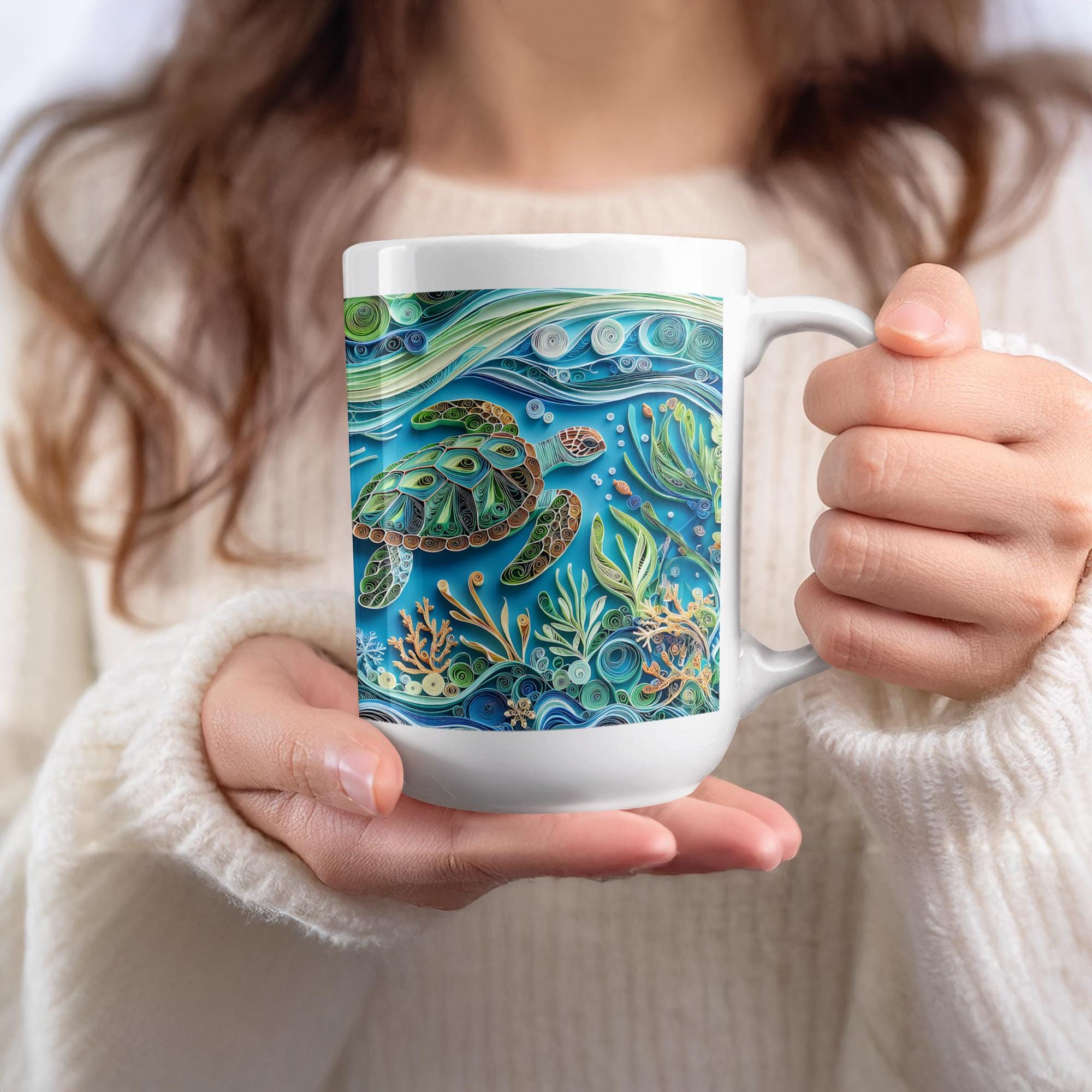 Sea Turtle Mug Wrap: Paper Quilling Ocean Design (Digital Download, 15oz Mug PNG File)