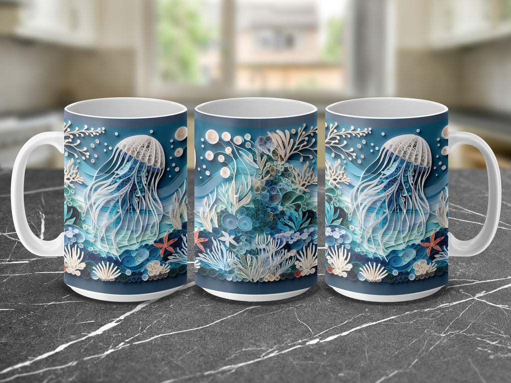 Quilled Jellyfish Mug Wrap: Blue Ocean Sublimation Design (Digital Download)