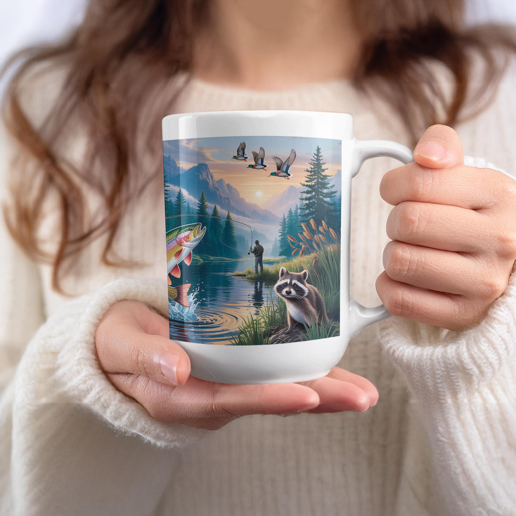 Rainbow Trout Fishing Mug Wrap: Raccoon Art Sublimation Design (Digital Download)