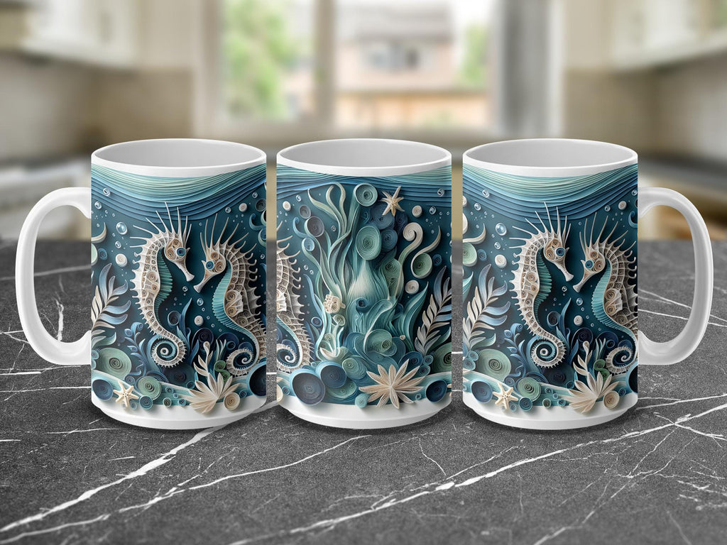 Seahorse Mug Wrap, 15oz Ocean Mug, Paper Quilling Sea Life, Nautical Sublimation Design, Coastal Mug Wrap, Digital Download