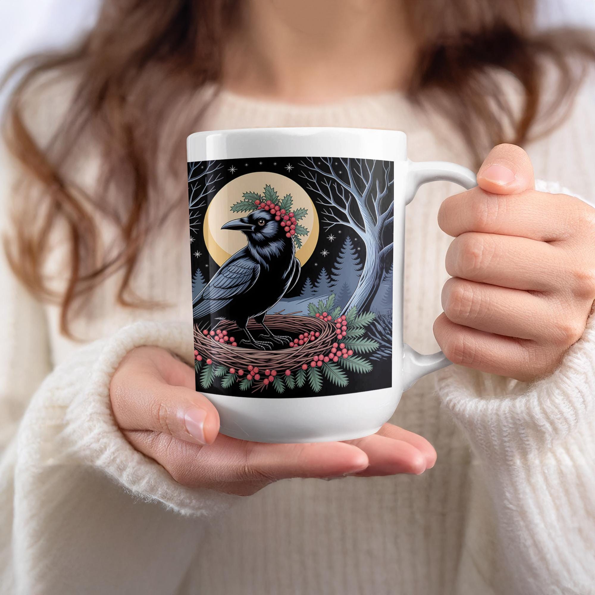 Raven Mug Wrap: Winter Solstice Crow Design (15oz PNG Digital Download