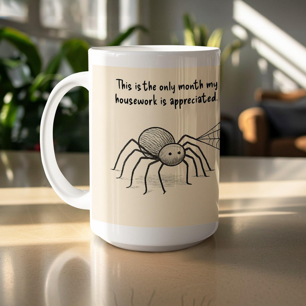 Funny Spider Mug Wrap: Halloween Housework Design (Digital Download, 15 oz PNG File)