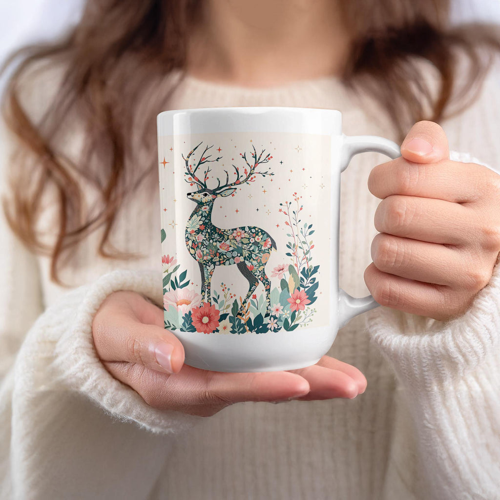 Floral Deer Mug Wrap: Spring Animal Sublimation Design (Digital Download, 15 oz PNG File)
