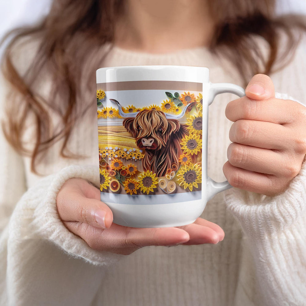 Highland Cow Mug Wrap: Sunflower Paper Quilling Design (PNG Digital Download 15oz Mug)