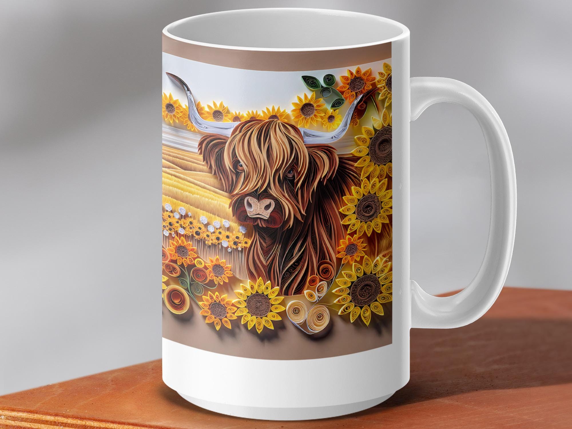 Paper Quilled Highland Cow Mug: Sunflower Farmhouse Decor