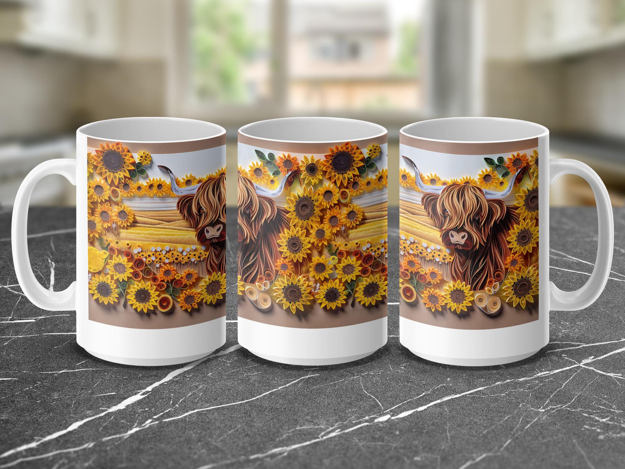 Paper Quilled Highland Cow Mug: Sunflower Farmhouse Decor