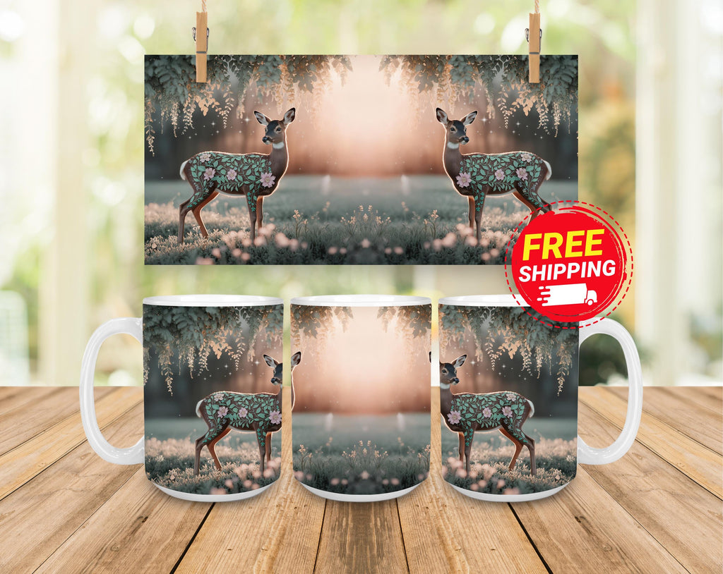 Floral Deer Coffee Mug: Whimsical Nature Lover Gift