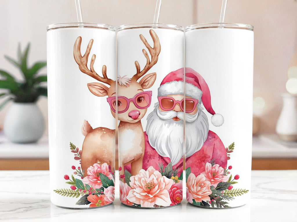 Pink Santa Reindeer Tumbler Wrap: Floral Christmas Design (PNG Digital Download)