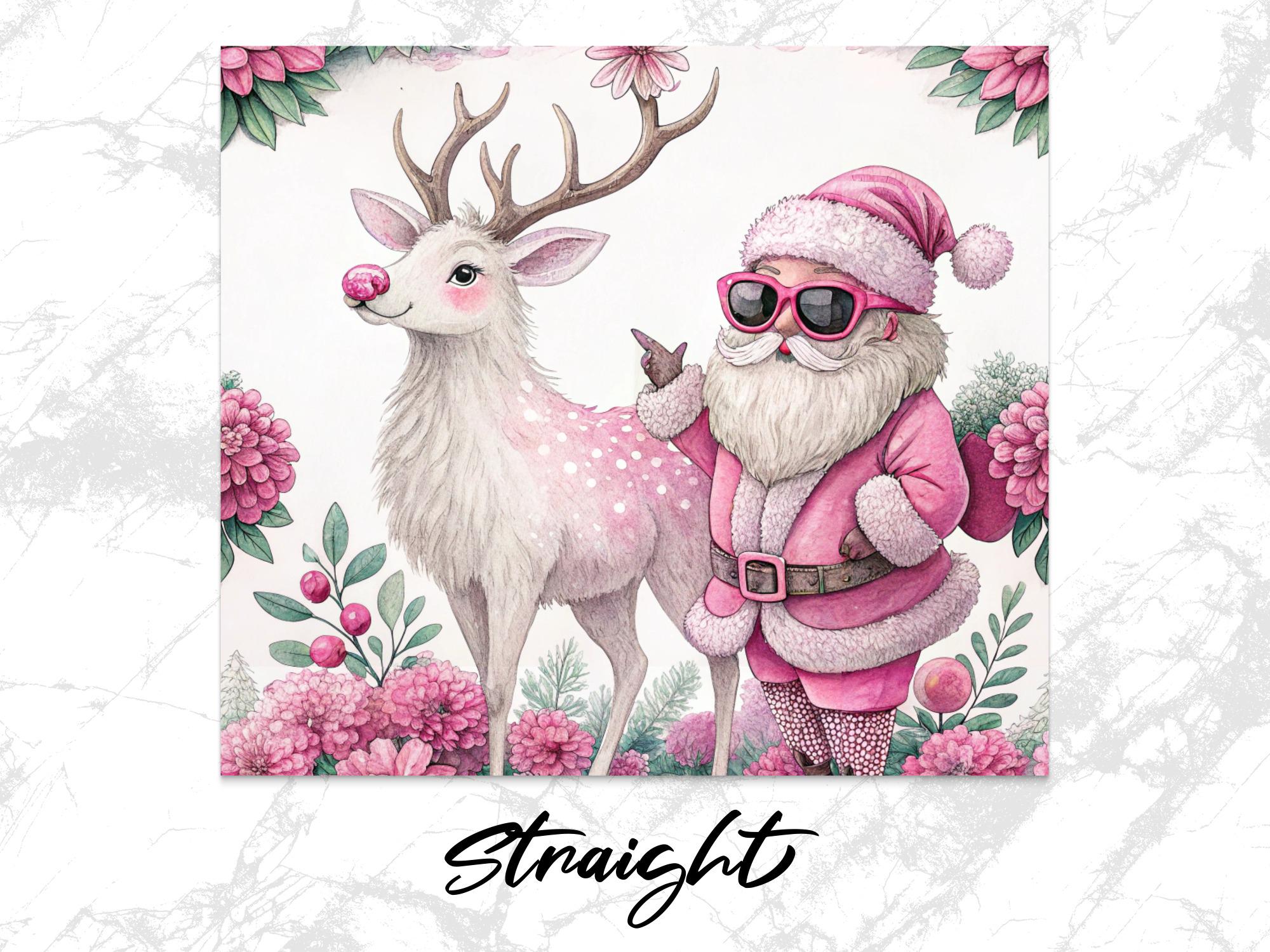 Pink Retro Santa Reindeer Tumbler Wrap: Floral Christmas PNG (Digital Download)