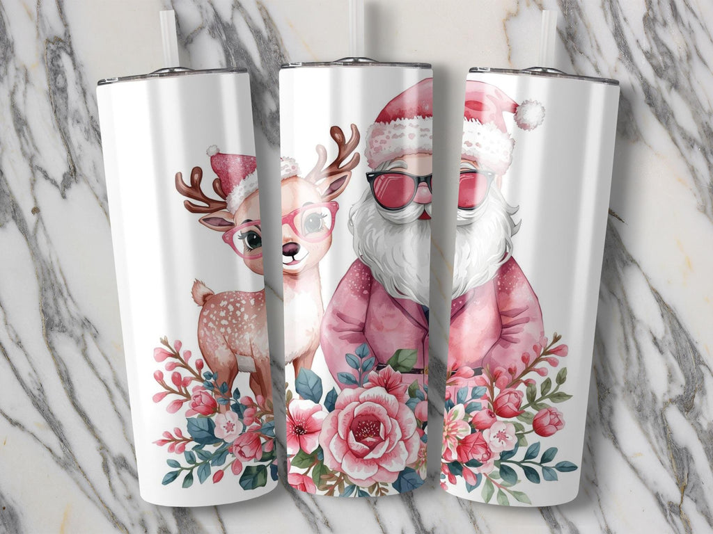 Retro Santa Reindeer Tumbler Wrap: Floral Christmas Sublimation (PNG)