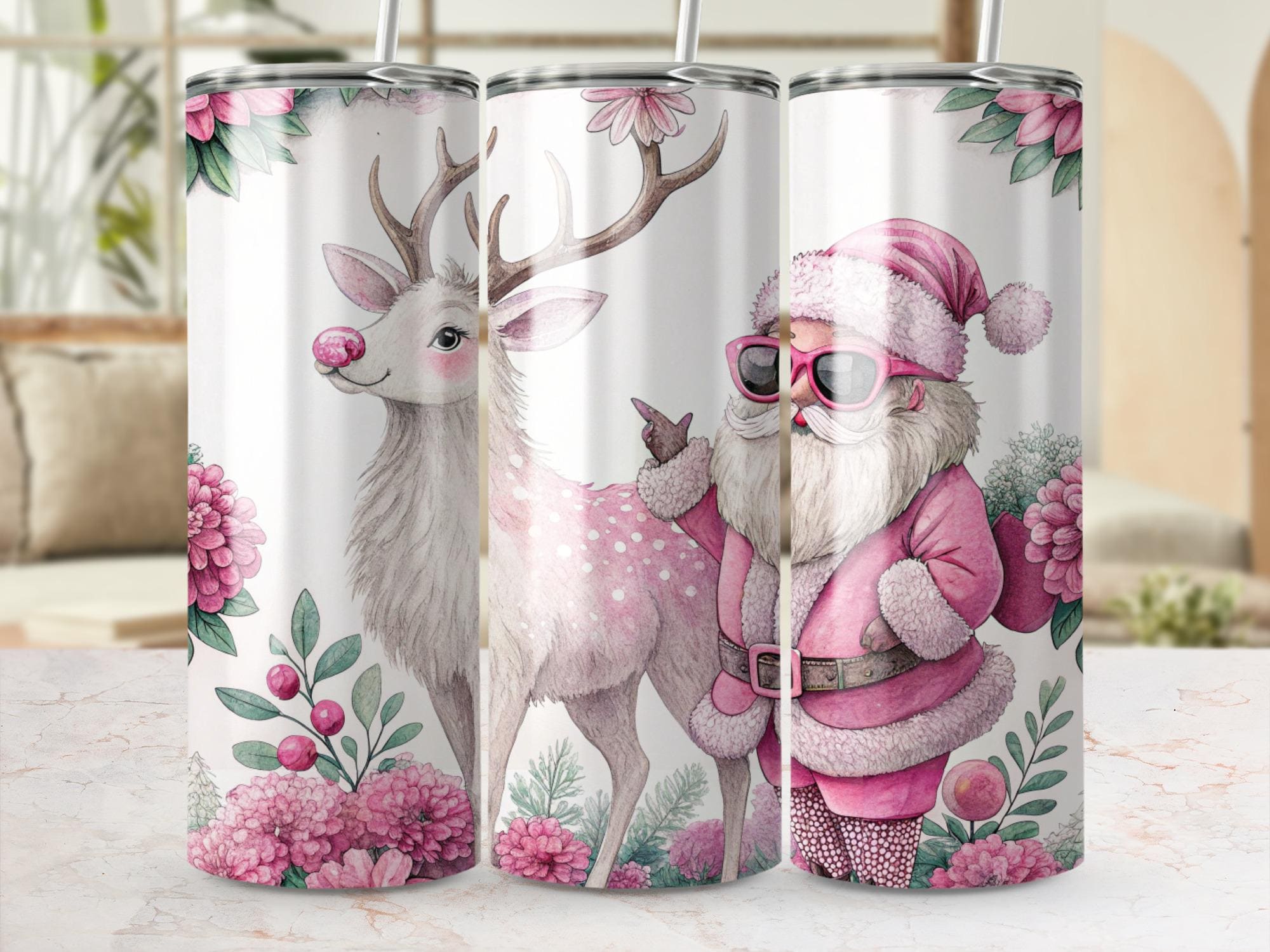 Pink Retro Santa Reindeer Tumbler Wrap: Floral Christmas PNG (Digital Download)