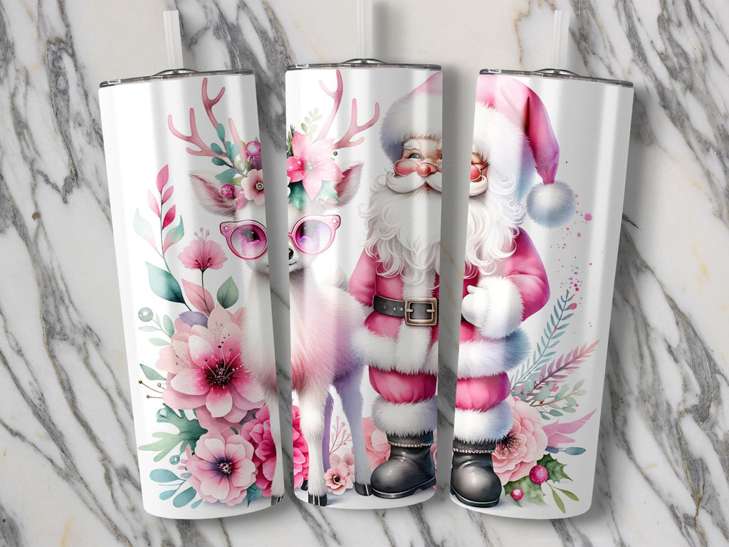 Floral Deer Santa Tumbler Wrap: 20oz Skinny Tumbler Sublimation (PNG Digital Download)