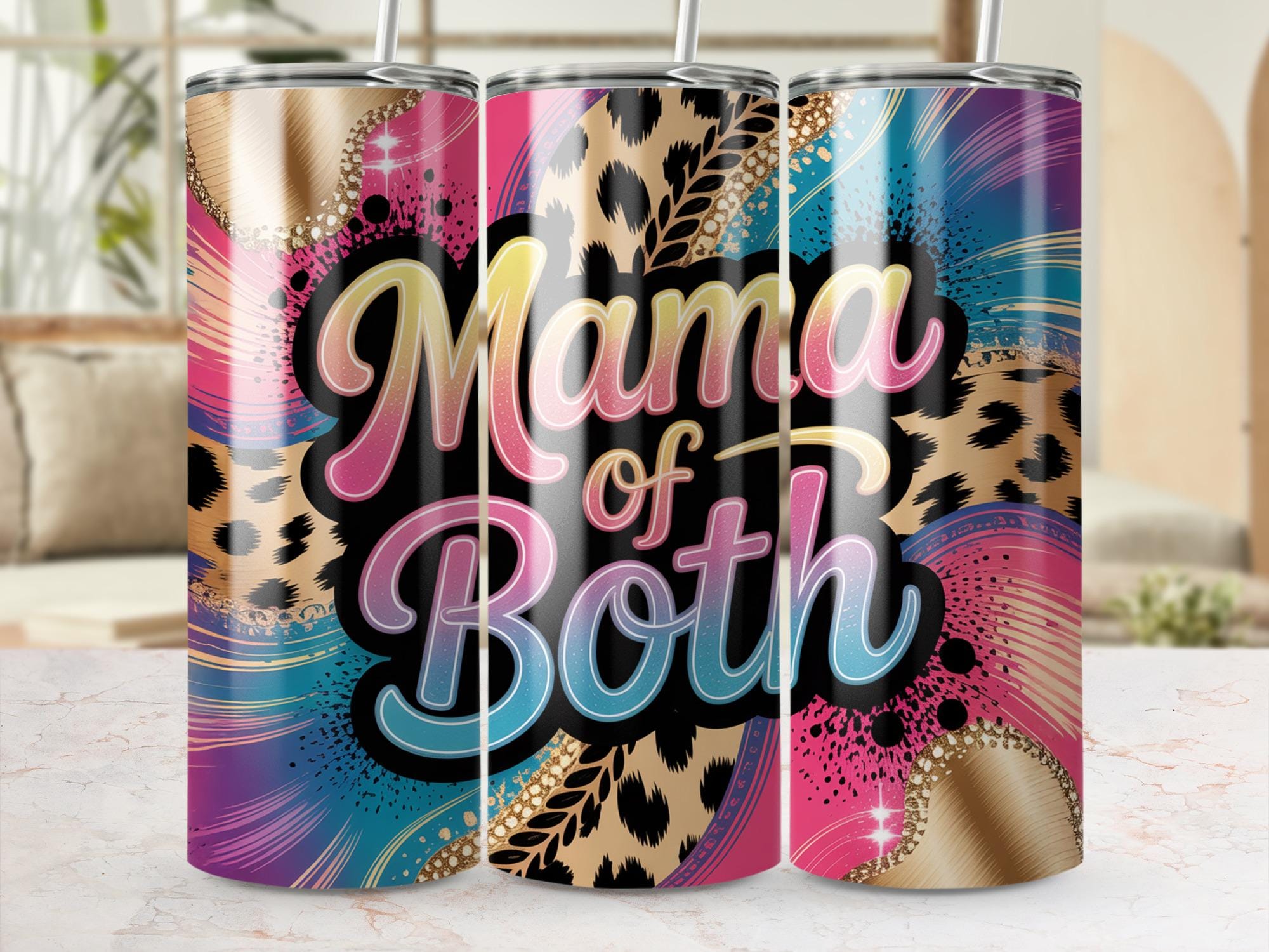 Mama of Both Tumbler Wrap: Cheetah Leopard Rainbow Sublimation (Digital Download)