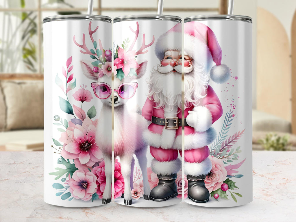 Floral Deer Santa Tumbler Wrap: 20oz Skinny Tumbler Sublimation (PNG Digital Download)