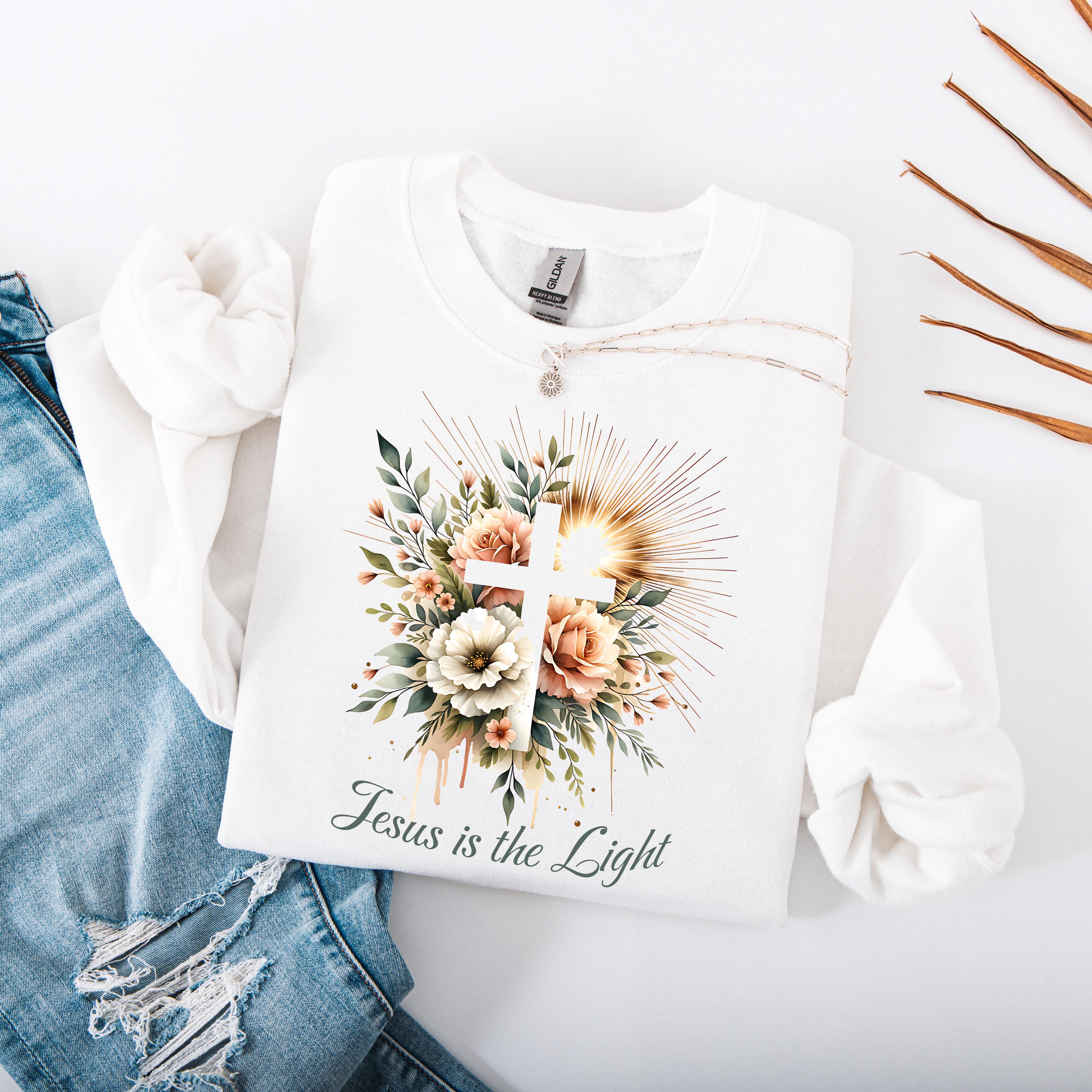Floral Cross 'Jesus is the Light' PNG: Christian T-Shirt Sublimation (Digital Download)