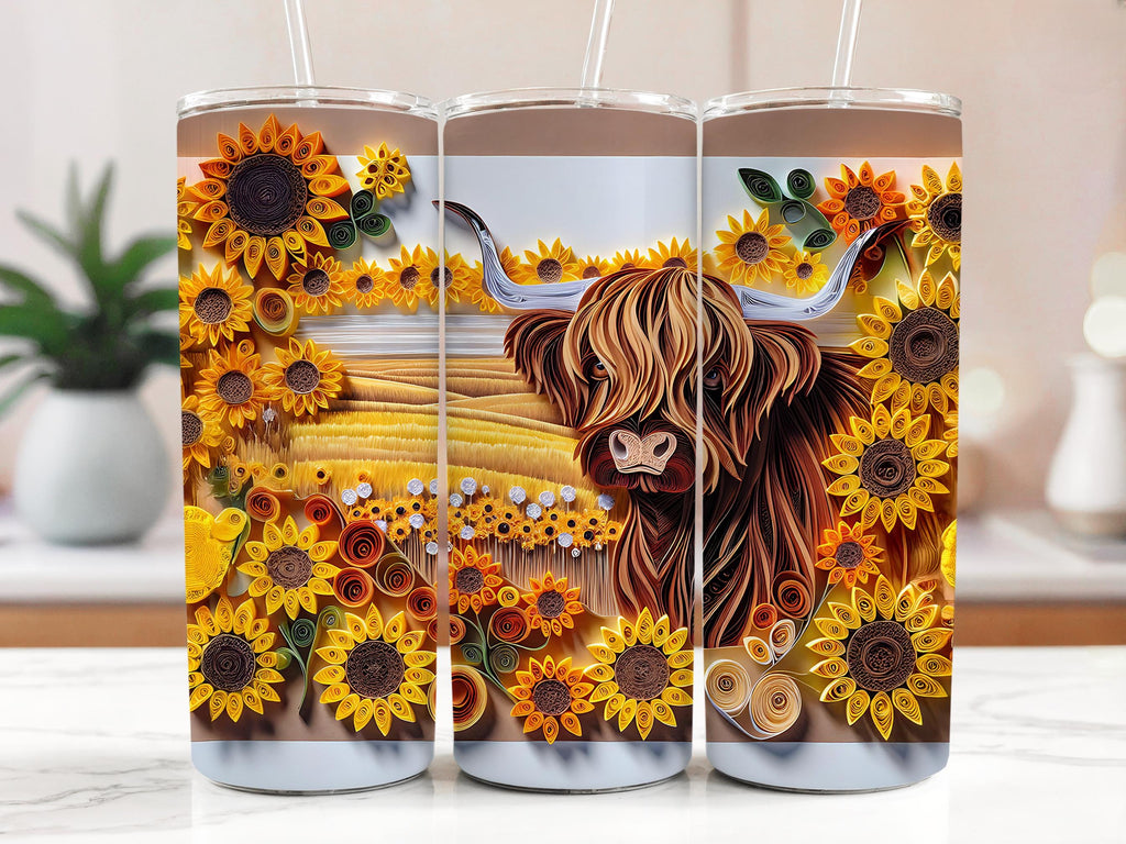Highland Cow Tumbler Wrap: Sunflower Floral PNG (Digital Download 20oz Tumbler Design)