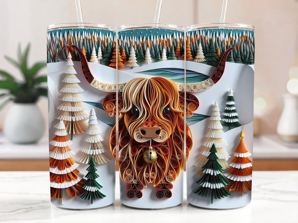 Highland Cow Tumbler Wrap: Winter Forest Quilling Art (Digital Download, 20oz PNGs)