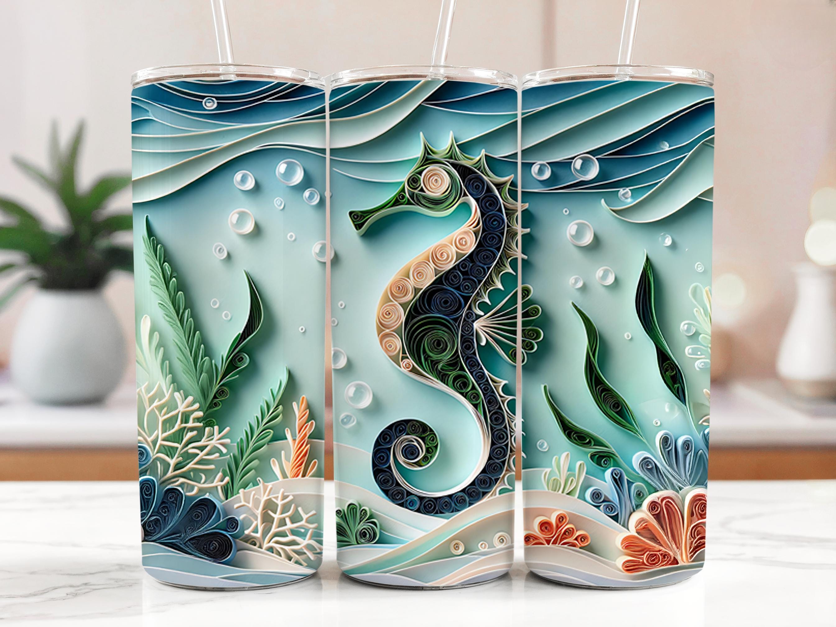 Seahorse Tumbler Wrap, 20oz Skinny Tumbler PNG, Paper Quilling, Ocean life Sublimation Designs, Sea Life Tumbler Wrap, Download