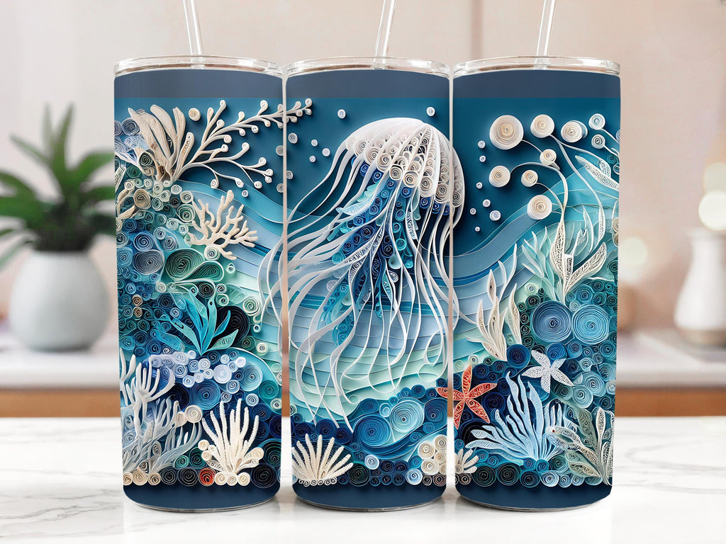 Jellyfish Tumbler Wrap: Quilled Paper Ocean Design (PNG Digital Download 20oz Tumbler)