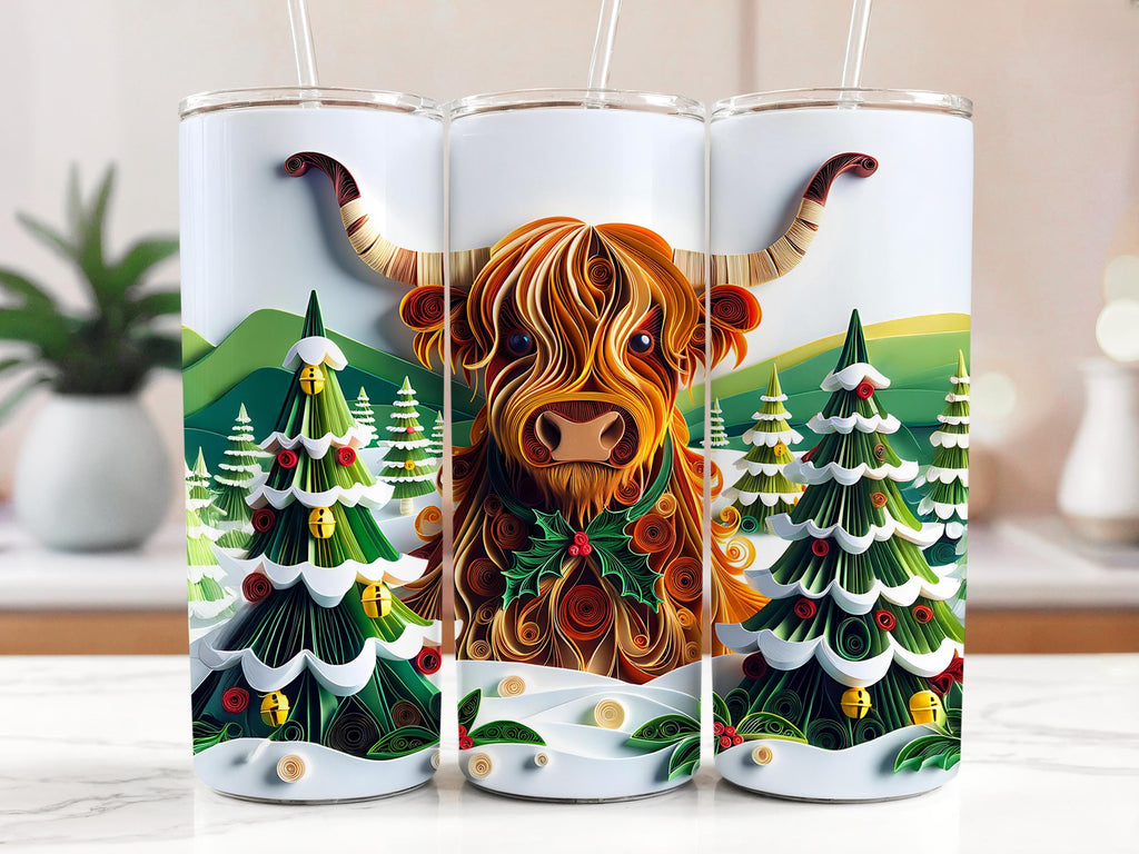 Highland Cow Tumbler Wrap: Christmas Bull Paper Quilling (Digital Download)