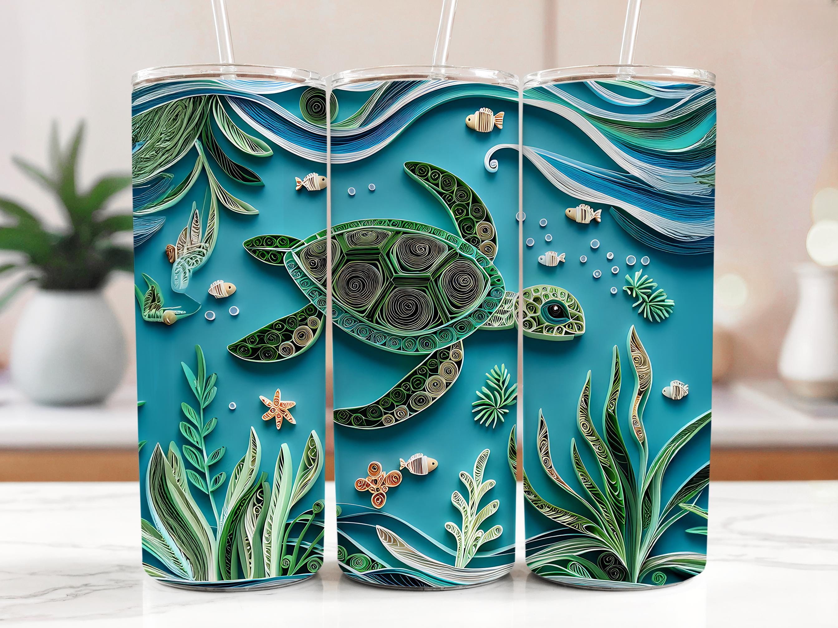 Sea Turtle Tumbler Wrap: Paper Quilling Ocean Design (Digital Download)