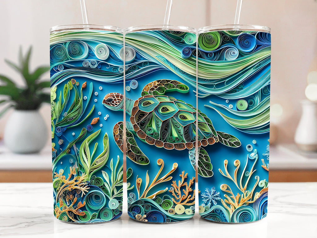 Quilled Sea Turtle Tumbler Wrap: Ocean Sublimation Design (PNG Digital Download)