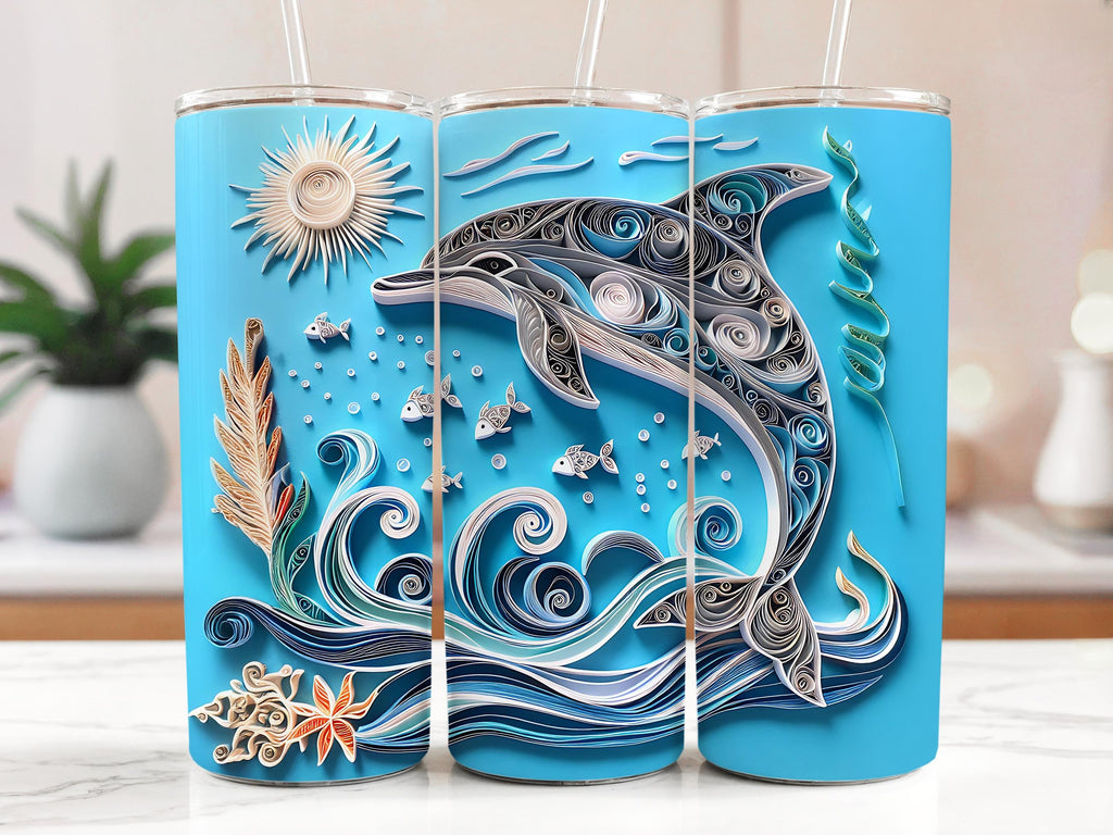 Dolphin Tumbler Wrap: Quilling Art Ocean Design (20oz Tumbler Digital Download PNG)