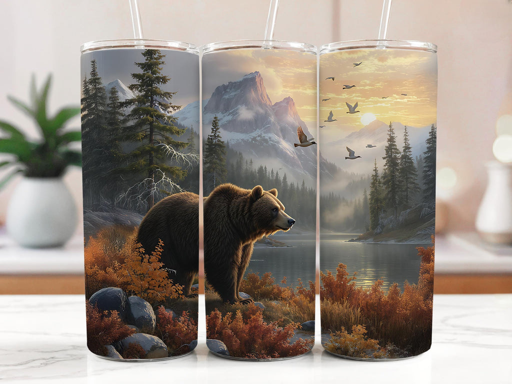 Grizzly Bear Mountain Lake Tumbler Wrap: Wildlife Scene (Digital Download)