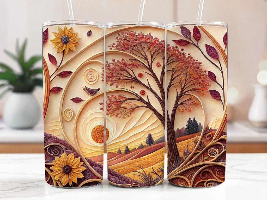 Autumn Tree Tumbler Wrap: Sunflower Sunset Landscape (PNG Digital Download for 20oz Tumbler)