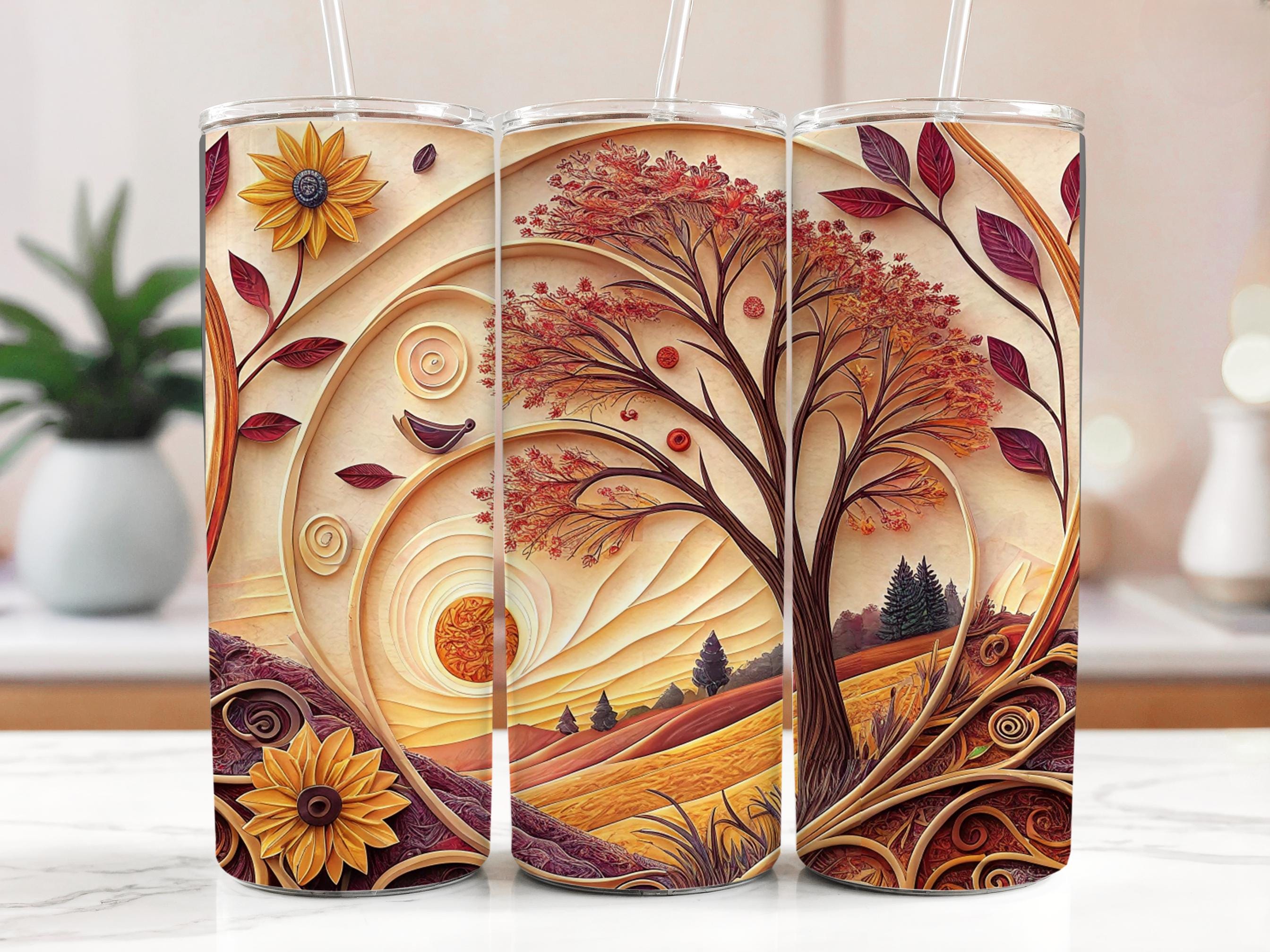 Autumn Tree Tumbler Wrap: Sunflower Sunset Landscape (PNG Digital Download for 20oz Tumbler)