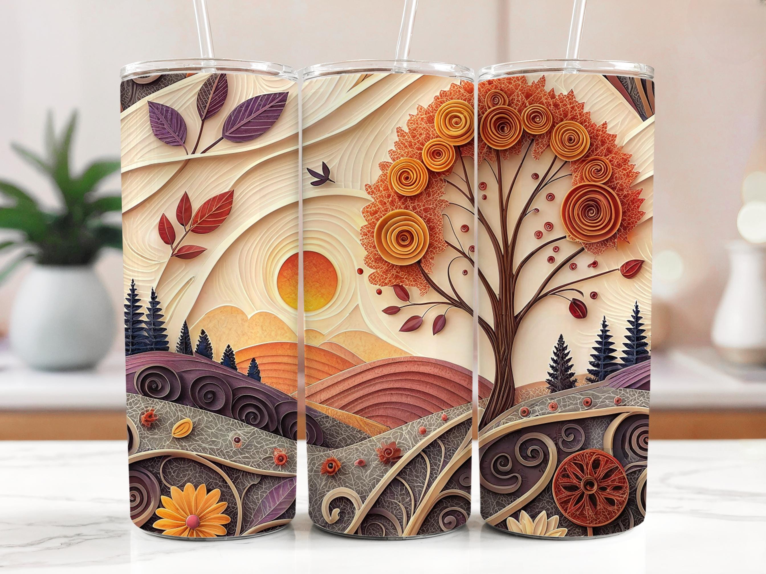 Autumn Landscape Tumbler Wrap: Fall Sunset Tree, 20oz Skinny Tumbler PNG (Digital Download)